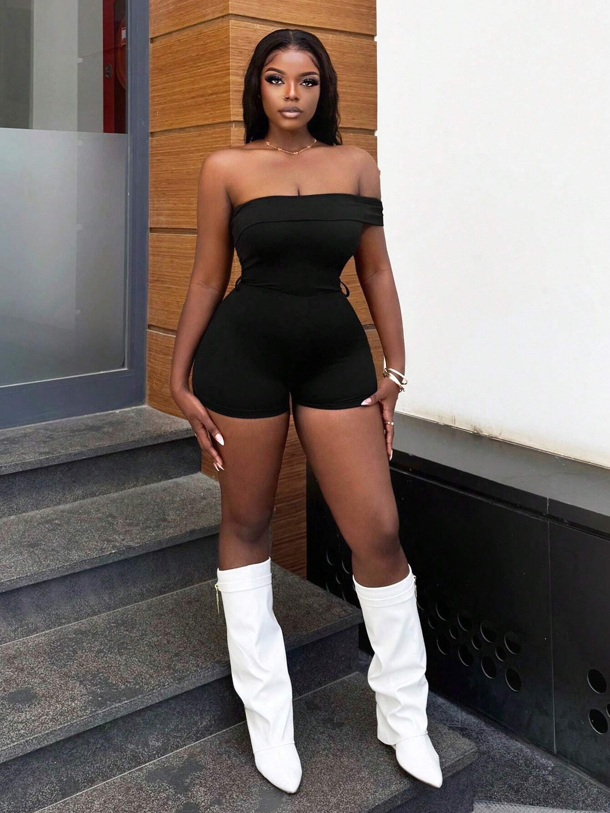 Elegant And Sexy Summer One Shoulder Short Jumpsuit, Solid Knitted Tight Jumpsuit For Women - C