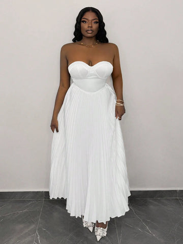 Elegant Bust-Hugging Strapless Sleeveless Pleated Skirt White Satin Long Skirt For Women