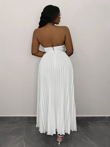 Elegant Bust-Hugging Strapless Sleeveless Pleated Skirt White Satin Long Skirt For Women