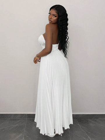 Elegant Bust-Hugging Strapless Sleeveless Pleated Skirt White Satin Long Skirt For Women