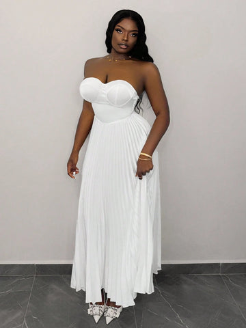 Elegant Bust-Hugging Strapless Sleeveless Pleated Skirt White Satin Long Skirt For Women