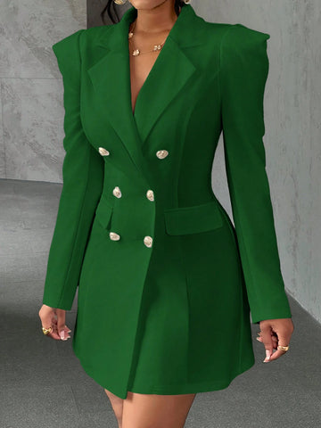 Elegant Casual Solid Color Double-Breasted Suit Dress, Autumn