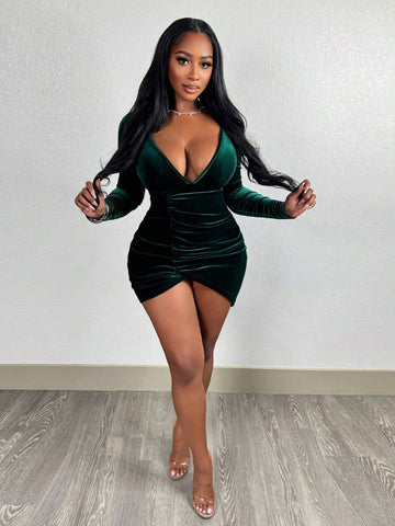 Elegant Dark Green Deep V-Neck Ruched Asymmetrical Hem Velvet Bodycon Long Sleeve Dress - E