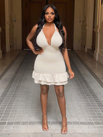 Elegant Double-Layered Backless Bodycon Dress With Ruffle Hem And Halter Neck Tie - M