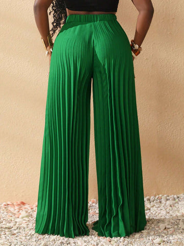 Slayr Elegant Elastic Waist Dark Green Pleated Large-Footed Extra-Long Wide-Leg Pants For Women
