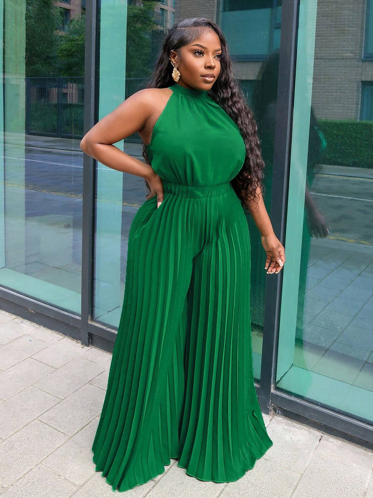 Elegant Halter Neck Ruffle Back Tie Palazzo Jumpsuit For Ladies - Green