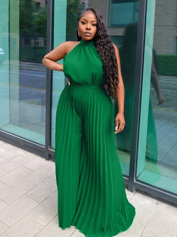 Elegant Halter Neck Ruffle Back Tie Palazzo Jumpsuit For Ladies - Green