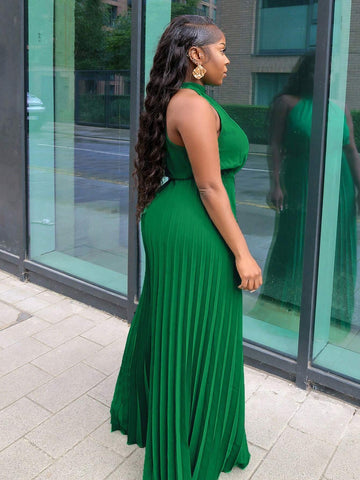 Elegant Halter Neck Ruffle Back Tie Palazzo Jumpsuit For Ladies - Green