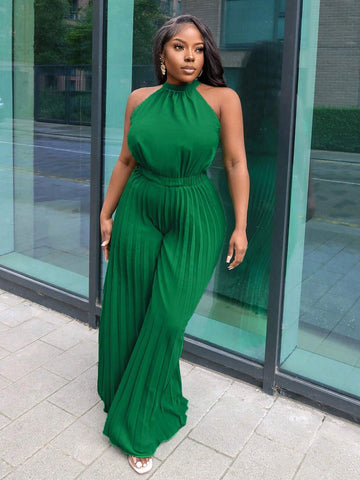 Elegant Halter Neck Ruffle Back Tie Palazzo Jumpsuit For Ladies - Green