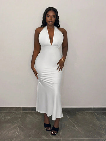 Elegant Halter Neck V-Neck Tight Fishtail Long Dress White Satin Women's Dress
