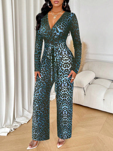 Elegant Leopard Print Belted V-Neck Jumpsuit (Random Floral)