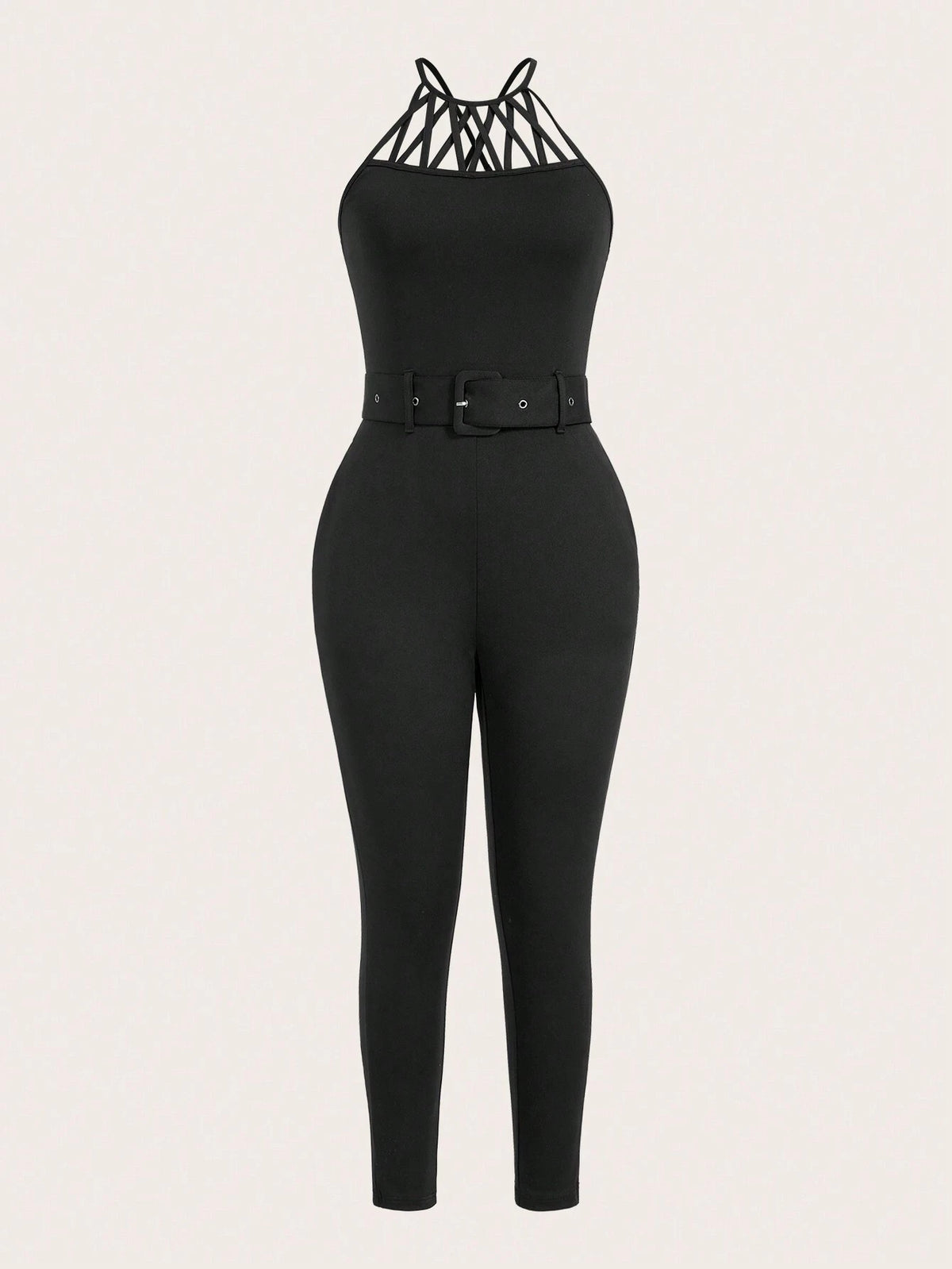 Elegant Office Wear Halter Neck Waist Belt Slim Pocket Jumpsuit Pants