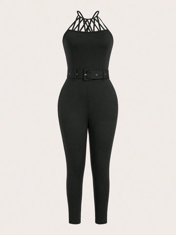 Elegant Office Wear Halter Neck Waist Belt Slim Pocket Jumpsuit Pants