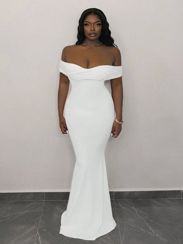 Elegant One-Shoulder Off-Shoulder Tight White Knitted Fishtail Maxi Skirt Women's Dress