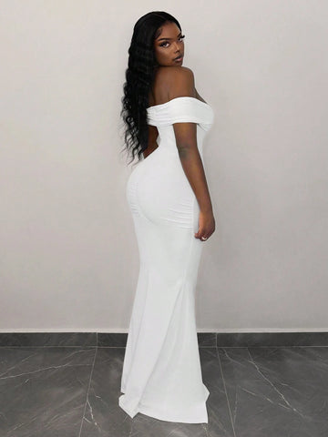 Elegant One-Shoulder Off-Shoulder Tight White Knitted Fishtail Maxi Skirt Women's Dress