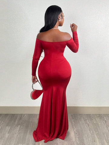 Elegant Party Glamorous Sexy Off Shoulder Open Shoulder Long Sleeve High Slit Bodycon Mermaid
