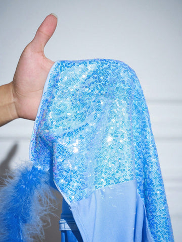 Elegant Party Rhinestone & Feather Trim Mini Dress'