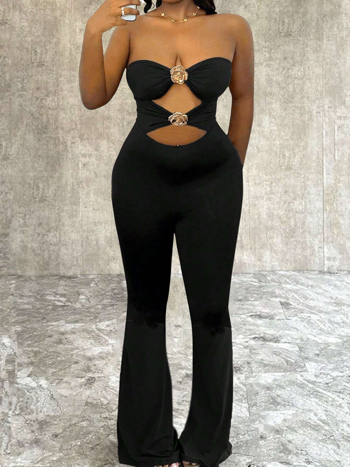 Elegant Party Sexy Hollow Metal Rose Decor Strapless Flare Pants Women Jumpsuit