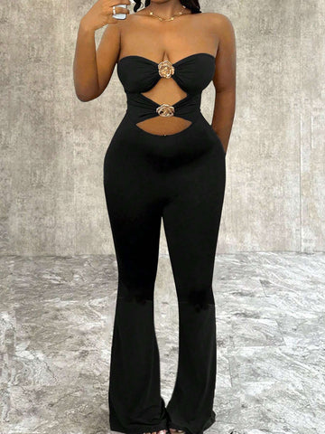 Elegant Party Sexy Hollow Metal Rose Decor Strapless Flare Pants Women Jumpsuit
