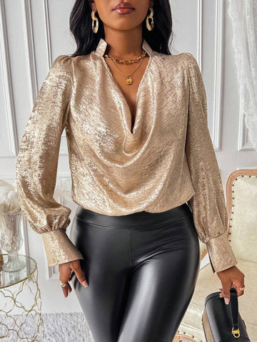 Slayr Elegant Romantic Women Blouse With Glossy Fabric And Plunging Neckline