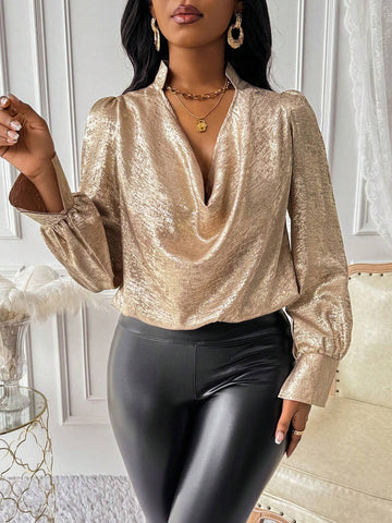 Slayr Elegant Romantic Women Blouse With Glossy Fabric And Plunging Neckline