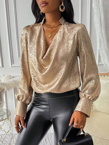 Slayr Elegant Romantic Women Blouse With Glossy Fabric And Plunging Neckline