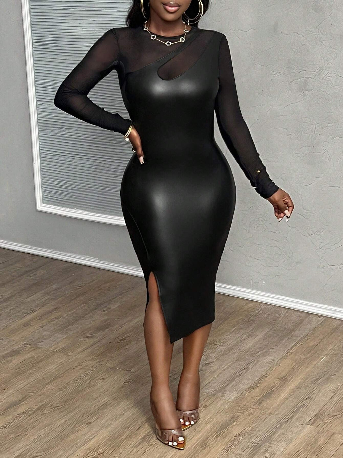Elegant Sexy Black Mesh & PU Patchwork Long Sleeve Bodycon Dress