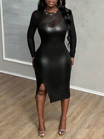 Elegant Sexy Black Mesh & PU Patchwork Long Sleeve Bodycon Dress