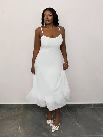 Elegant Suspender Wavy Embellished Hem White Knitted Long Skirt Women's Bodycon Dress
