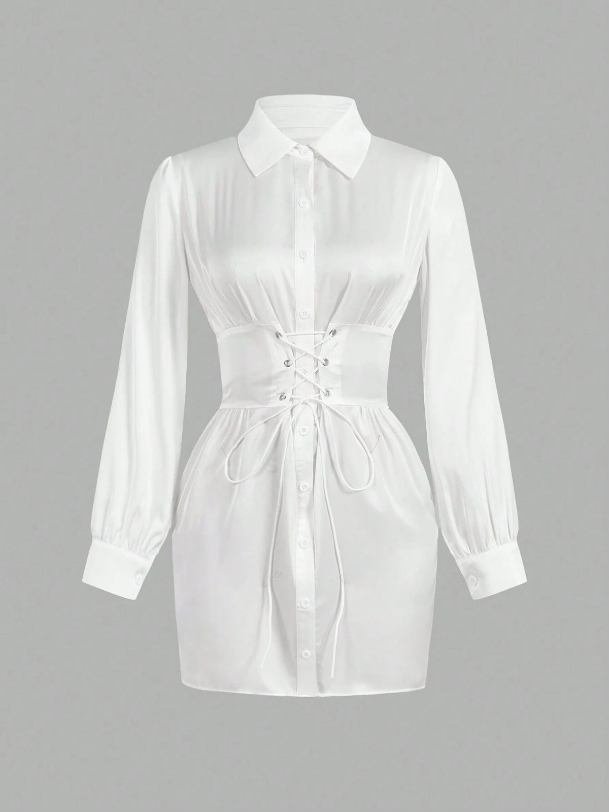 Elegant Tied Waist Long Sleeve Satin Shirt & Mini Skirt Dress Set - C