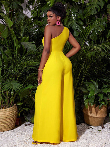 Elegant Vacation Party Jumpsuit For Women With Single Shoulder, Waist Tie, Wide Leg Pants And Woven Fabric-Z