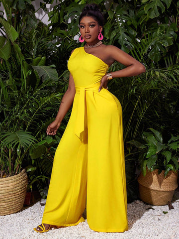 Elegant Vacation Party Jumpsuit For Women With Single Shoulder, Waist Tie, Wide Leg Pants And Woven Fabric-Z
