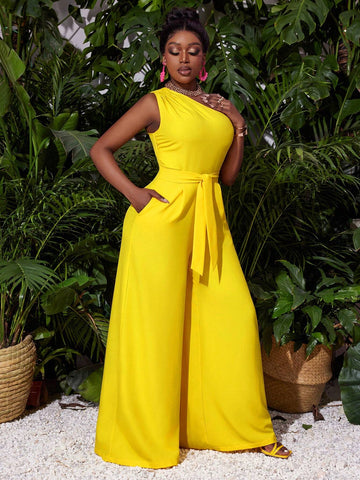 Elegant Vacation Party Jumpsuit For Women With Single Shoulder, Waist Tie, Wide Leg Pants And Woven Fabric-Z