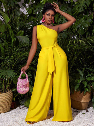 Elegant Vacation Party Jumpsuit For Women With Single Shoulder, Waist Tie, Wide Leg Pants And Woven Fabric-Z