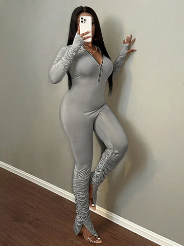 Fashionable Basic Solid Color V-Neck Skinny Jumpsuit