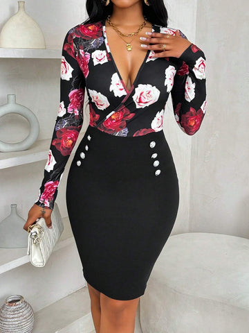 Fashionable Slim Fit Floral Print Top With Deep V-Neck And Color Block Black Mini Skirt With Metal