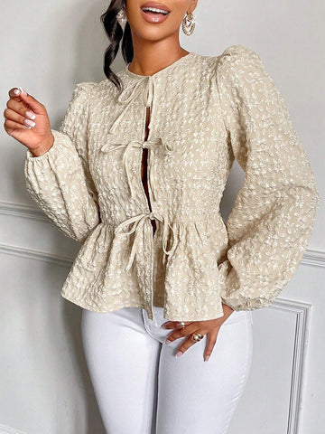 Slayr Fashionable Sweet Solid Color Texture Belted Lantern Sleeve Blouse