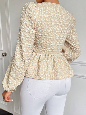 Slayr Fashionable Sweet Solid Color Texture Belted Lantern Sleeve Blouse