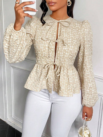 Slayr Fashionable Sweet Solid Color Texture Belted Lantern Sleeve Blouse