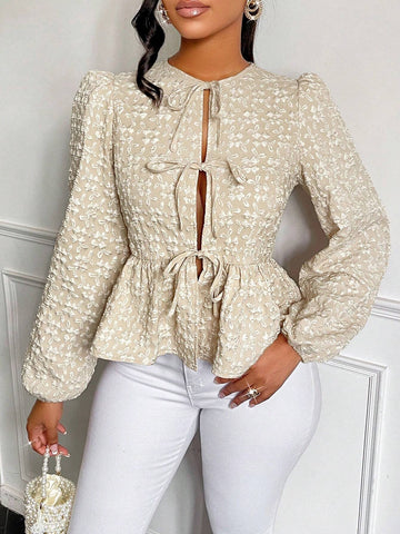 Slayr Fashionable Sweet Solid Color Texture Belted Lantern Sleeve Blouse