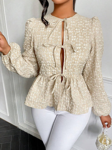 Slayr Fashionable Sweet Solid Color Texture Belted Lantern Sleeve Blouse