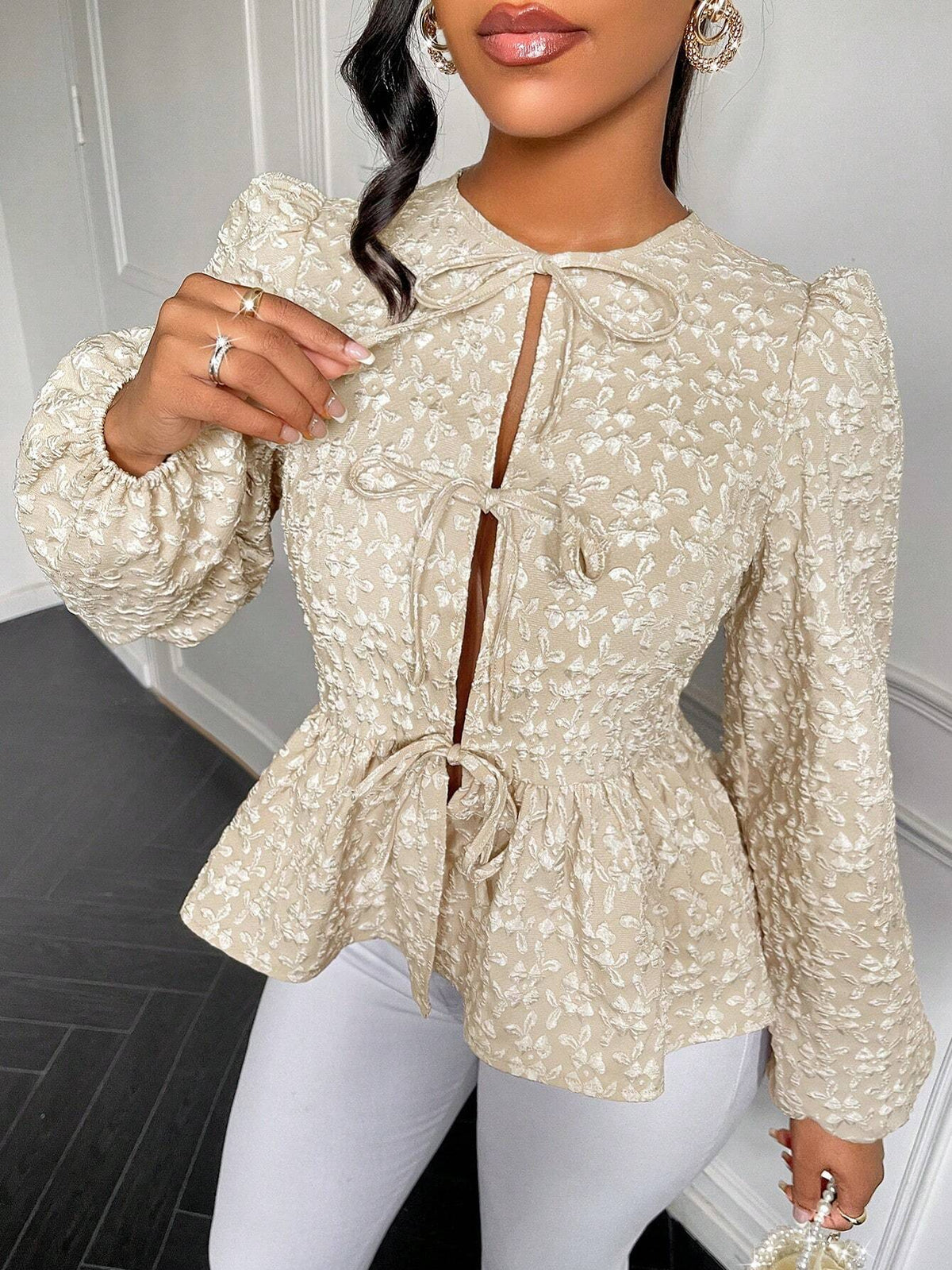 Slayr Fashionable Sweet Solid Color Texture Belted Lantern Sleeve Blouse