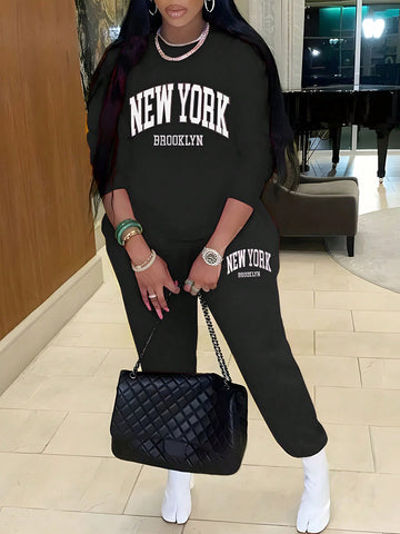 Fashionable Women'S English Letter Printed Round Neck Long Sleeve T-Shirt And Pants Casual 2pcs/Set