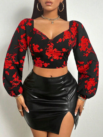 Slayr Floral Print Sweetheart Neck Lantern Sleeve Crop Blouse