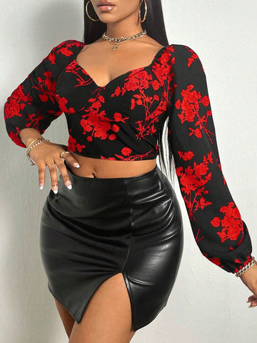 Slayr Floral Print Sweetheart Neck Lantern Sleeve Crop Blouse