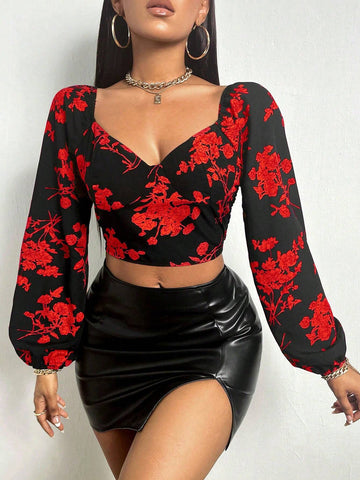 Slayr Floral Print Sweetheart Neck Lantern Sleeve Crop Blouse