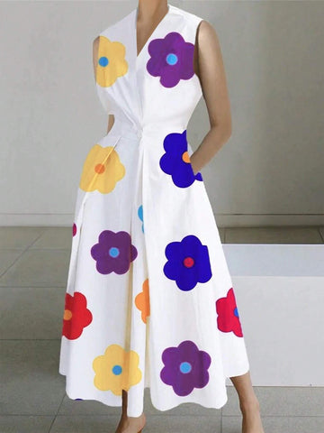 Floral Sleeveless Dress With Pockets For Women