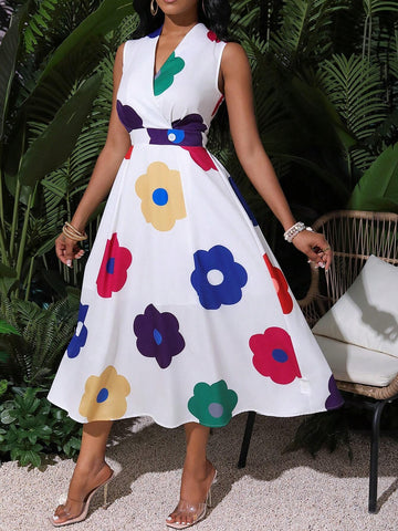 Floral Sleeveless Dress With Pockets For Women