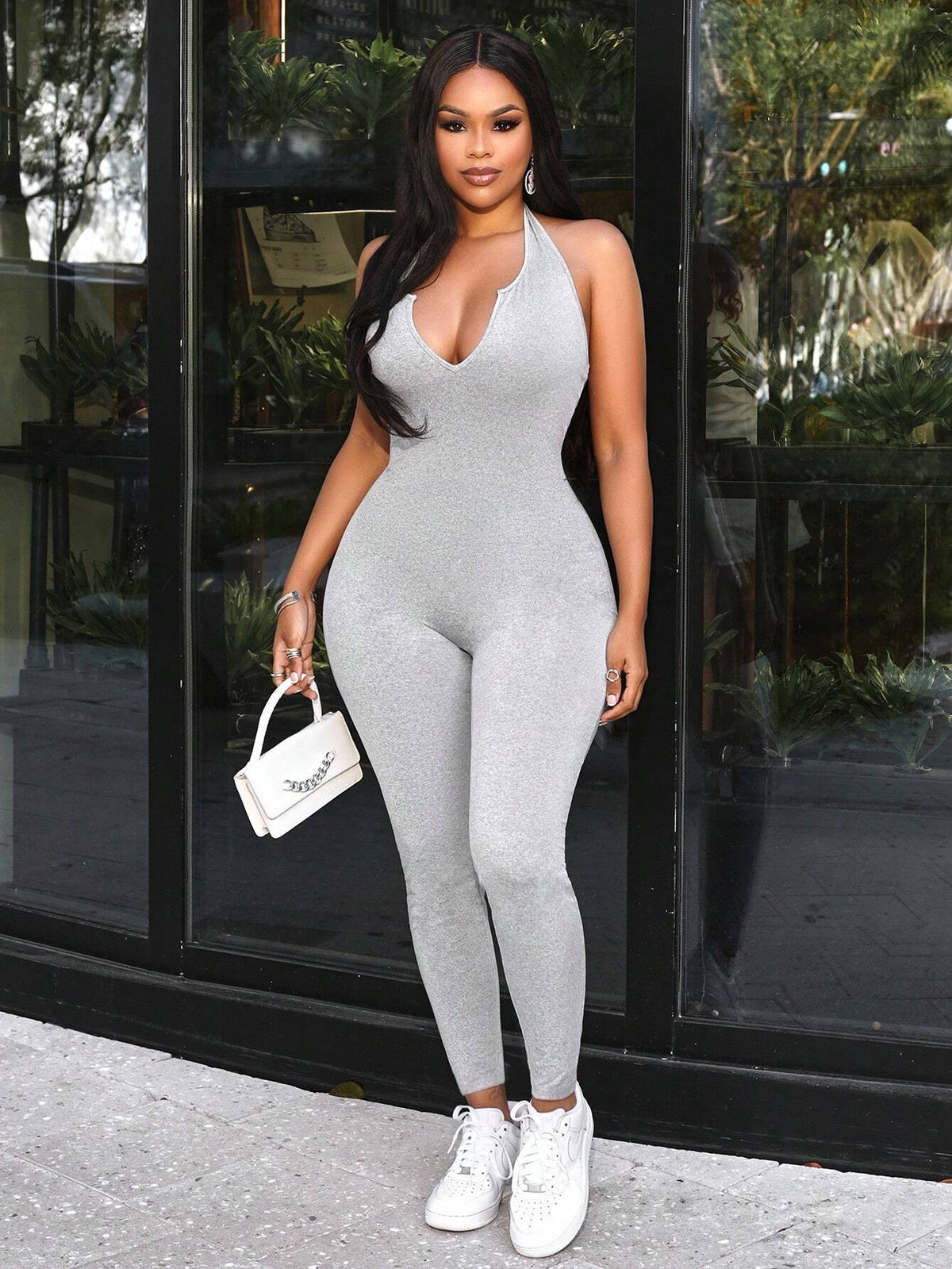 Halter Neck Tight Elastic Bodysuit With Cut-Out Design