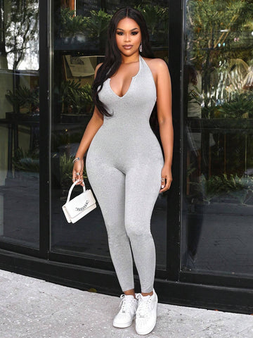 Halter Neck Tight Elastic Bodysuit With Cut-Out Design